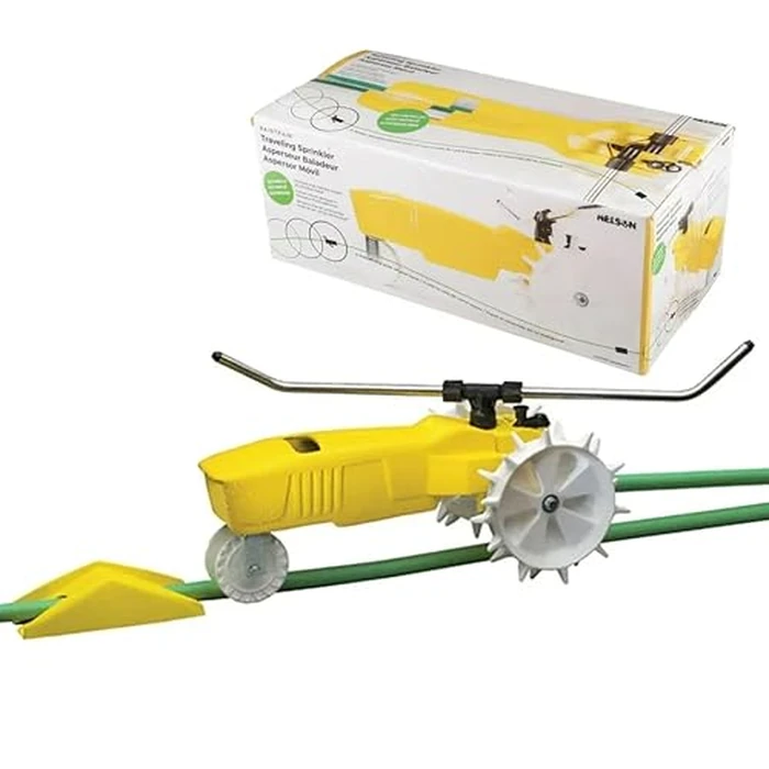 Nelson Rain Train 13,500 Square Feet Cast Iron Outdoor Lawn Traveling Water Sprinkler for Yard, and Garden, with Auto Shut Off, Yellow by Nelson - Used - Very Good condition - US$64.53