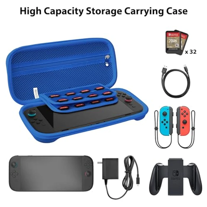 RAVEtone Travel Carrying Case Compatible with Nintendo Switch 2 Model 2025, Large Capacity Premium EVA Portable Hard Shell Pouch Waterproof Game Bag with 32 Game Cartridge Accessories (Blue) by RAVEtone - Image 4