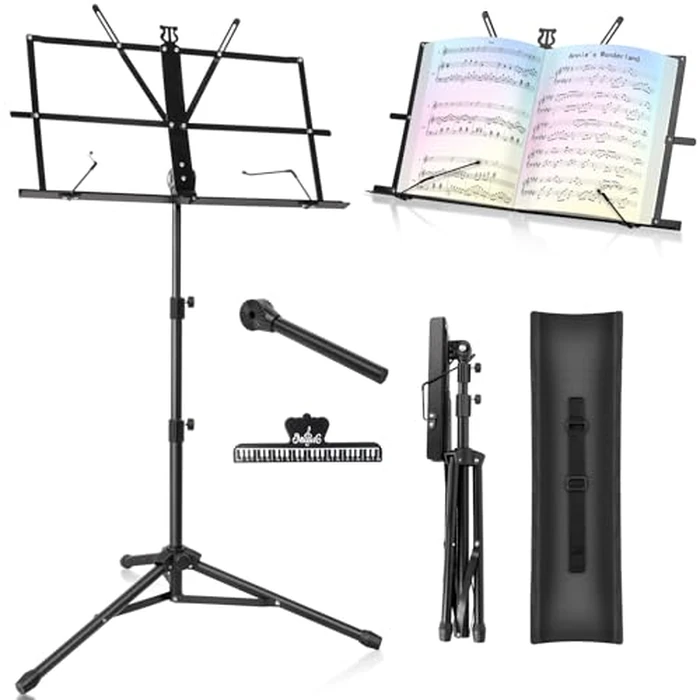 Music Stand New bee Foldable & Portable Metal Sheet Music Stand with Carrying Bag, Adjustable Podium Stand with Tripod Base and Sheet Music Folder - Black by New Bee - Used - Very Good condition