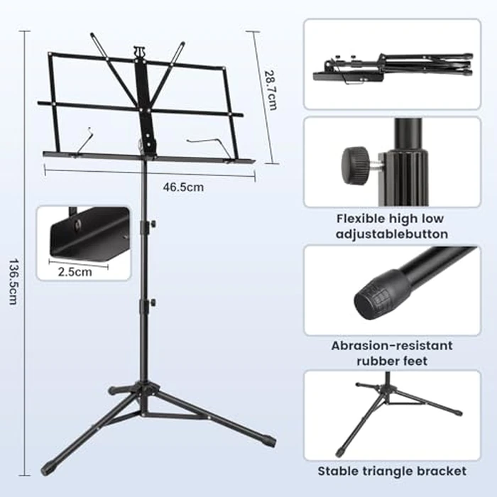 Music Stand New bee Foldable & Portable Metal Sheet Music Stand with Carrying Bag, Adjustable Podium Stand with Tripod Base and Sheet Music Folder - Black by New Bee - Image 3
