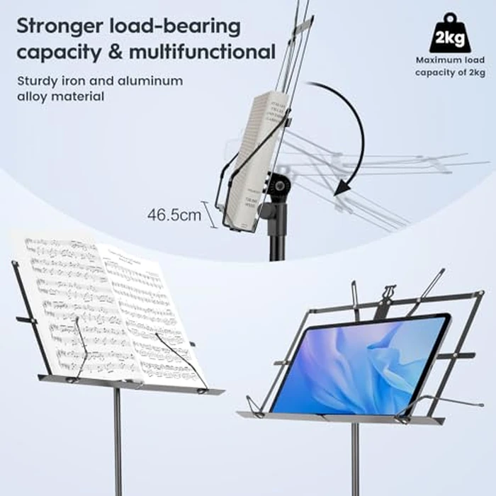 Music Stand New bee Foldable & Portable Metal Sheet Music Stand with Carrying Bag, Adjustable Podium Stand with Tripod Base and Sheet Music Folder - Black by New Bee - Image 4