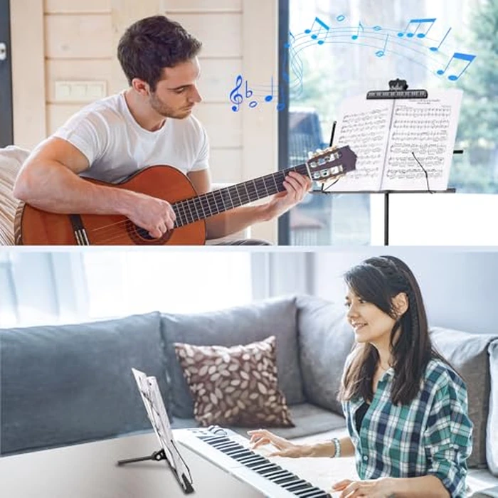 Music Stand New bee Foldable & Portable Metal Sheet Music Stand with Carrying Bag, Adjustable Podium Stand with Tripod Base and Sheet Music Folder - Black by New Bee - Image 6