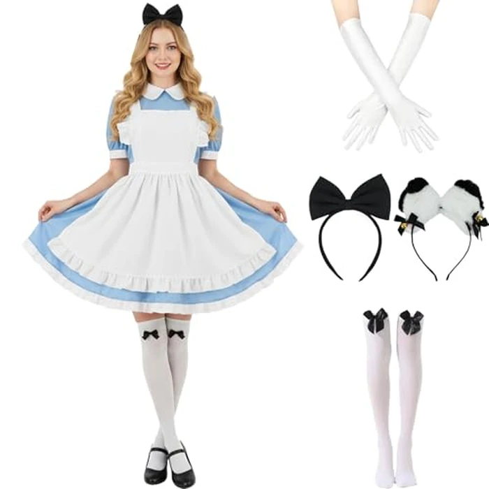 Tvnxdgl Alice Costume Women Wonderland Maid Outfit Anime Lolita Dress Halloween Cosplay Maid Apron Gloves Headband Socks Set S by Tvnxdgl - Used - Like New condition