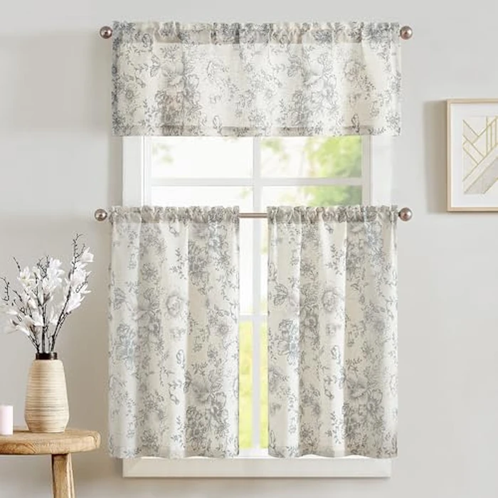 jinchan Floral Kitchen Curtains Set Linen Tier Curtains and Valance Farmhouse Drapes for Small Windows 24 Inch Length for Cafe Living Room Bathroom Rod Pocket 3 Pieces Set Grey on Linen by jinchan - Image 1