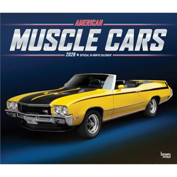 American Muscle Cars OFFICIAL | 2026 14 x 24 Inch (Hanging) Monthly Deluxe Wall Calendar | Foil Stamped Cover | Plastic-Free | BrownTrout | Racing Ford Chevrolet Chrysler Oldsmobile Pontiac by BrownTrout - Used - Acceptable condition