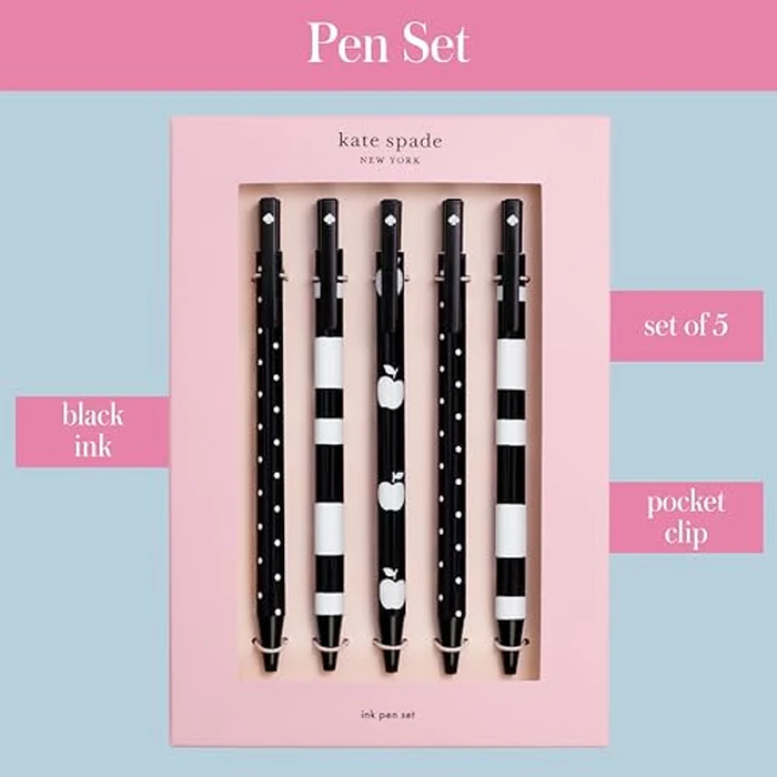 kate spade new york Black Ink Pen Set of 5, Cute Click Pens, Plastic Retractable Pens for Writing and Journaling, Dots and Stripes by kate spade new york - Used - Like New condition - US$15.96