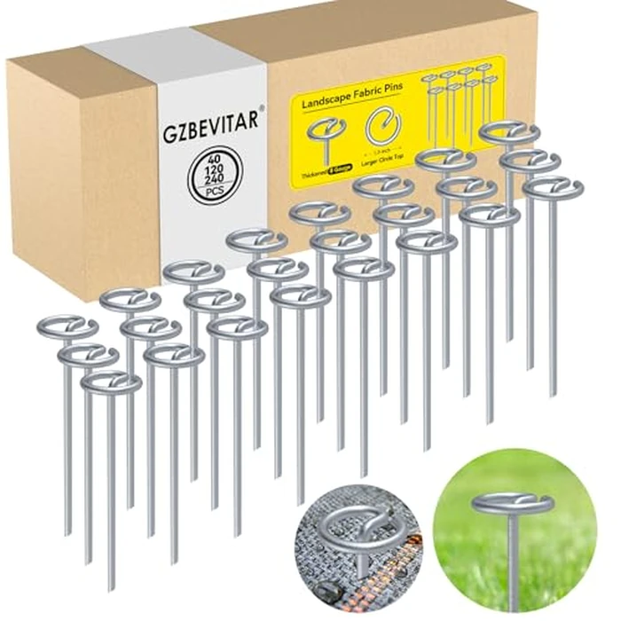 GZBEVITAR Landscape Fabric Pins, Thickened 8 Gauge Circle Top Landscape Pins, Not Easy to Bend 6 inch Galvanized Landscape Fabric Stakes, More Holding Power Than U-Shape Garden Staples (240) by GZBEVITAR - Image 1