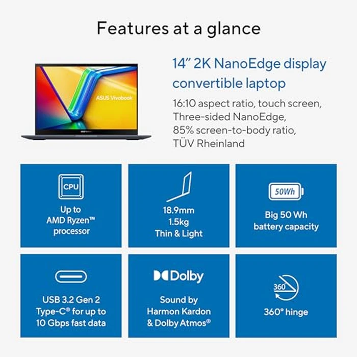 ASUS Vivobook S 14 Flip 14” Touchscreen Laptop, AMD Ryzen 7 Processor, AMD Radeon(TM) Graphics, 16GB RAM, 512GB SSD, Webcam Shield, Windows 11 Home, TN3402YA-AS71-CA by Asus - Image 4