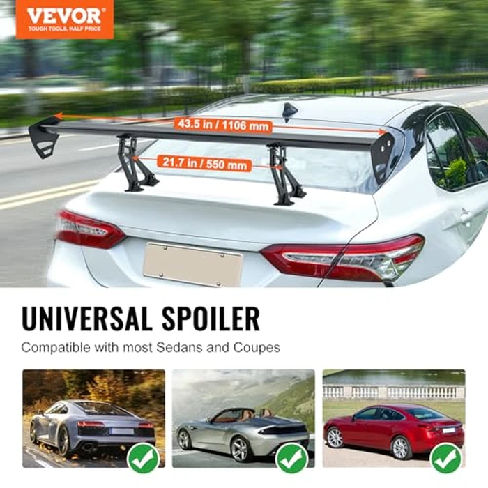 VEVOR GT Wing Car Spoiler, 43.3 inch Universal Spoiler with Single Deck, Adjustable Lightweight Aluminum, Car Rear Spoiler Wing, Racing Spoiler BGW/JDM Drift Black by VEVOR - Image 2