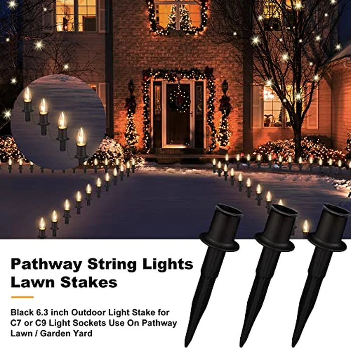 Upgraded 50 Pack 6 Inch Christmas Light Stakes - for C7 C9 Pathway String Lights Outdoor, Easy Install Durable Plastic Lights Stakes, Use on Yard Garden Lawn Patio Path Walkway Decorations (50, Black) by TIORIY - Image 6