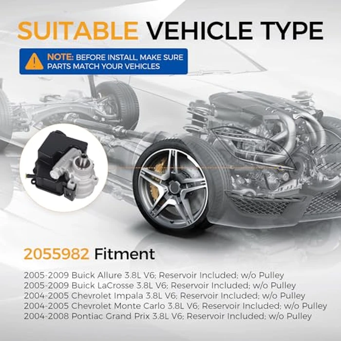 PAROD 2055982 Power Steering Pump Fit for 2005-2009 Buick Allure, LaCrosse, 2004-2005 Chevy Impala, Monte Carlo, 2004-2008 Pontiac Grand Prix, 3.8L V6; Reservoir Included; w/o Pulley by PAROD - Image 2