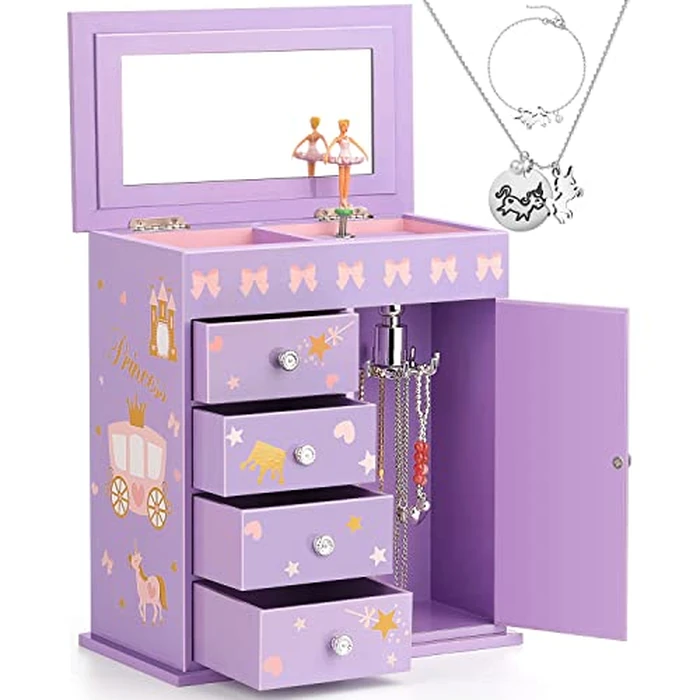 efubaby Upgrade Jewelry Box for Girls 5-Layer with Swing Door Spinning Ballerina Unicorn &Castle Design Unicorn Jewelry Set Included Kids Music Box for Little Girls Birthday Christmas Gift Purple by efubaby - Used - Very Good condition - US$28.24