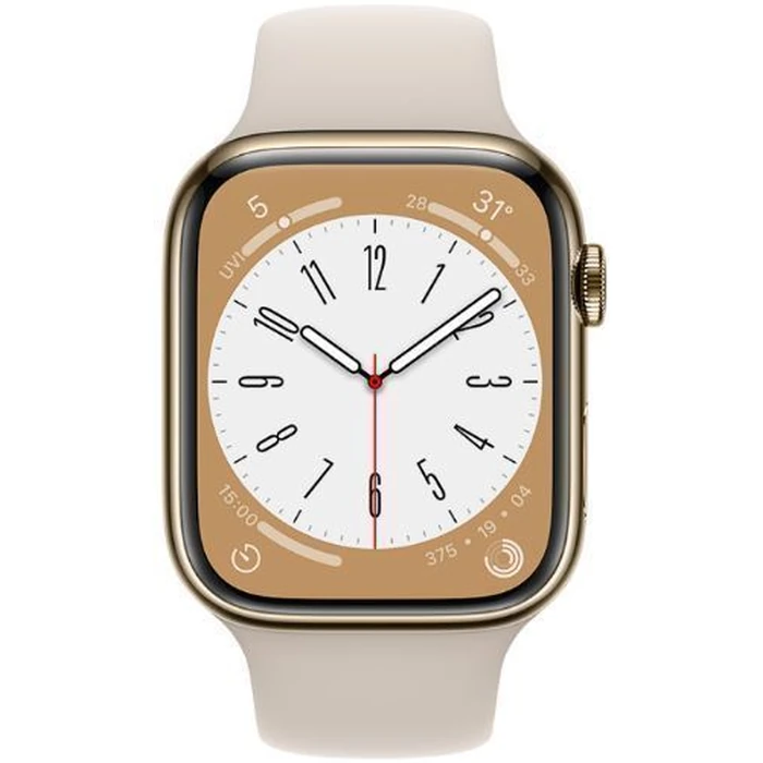 Apple Watch Series 8 (Cellular + GPS) - 32GB - 41mm - Gold Stainless Steel Case with Starlight Rubber Sport Band by Apple - Image 1