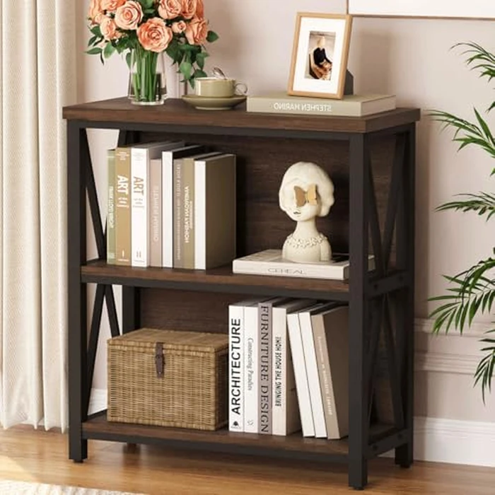 FATORRI Small Bookshelf, Rustic Book Shelf for Small Space, Low Short Bookcase, Industrial Wood and Metal Bookshelf and Bookcase for Living Room (Rustic Brown) by FATORRI - Used - Like New condition - CA$74.04