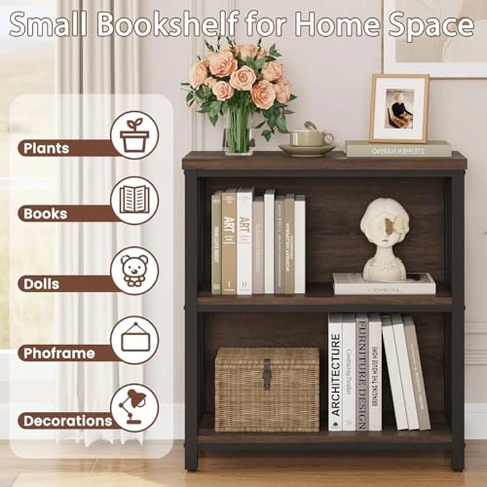 FATORRI Small Bookshelf, Rustic Book Shelf for Small Space, Low Short Bookcase, Industrial Wood and Metal Bookshelf and Bookcase for Living Room (Rustic Brown) by FATORRI - Image 4