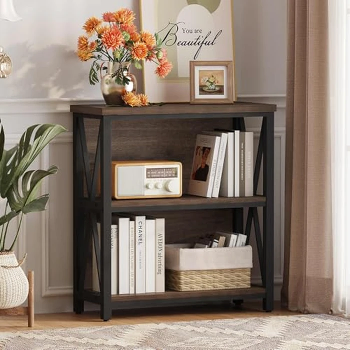 FATORRI Small Bookshelf, Rustic Book Shelf for Small Space, Low Short Bookcase, Industrial Wood and Metal Bookshelf and Bookcase for Living Room (Rustic Brown) by FATORRI - Image 6
