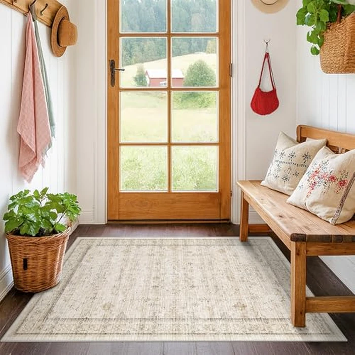 Vintage 3x4 Beige Indoor Rugs for Entryway - Geometric Pattern Washable Non Slip Rug for Kitchen, Bedroom, Laundry Room, Bathroom, Modern Farmhouse Home Décor, Low Pile & Soft Floral Carpet by Hazo Haus - Used - Very Good condition - US$29.39