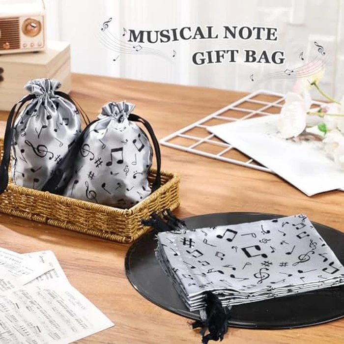Wesnoy 24 Pcs Music Notes Gift Bags Musical Note Drawstring Treat Bag Music Decorations Party Favor for Musician Gifts Social Media Musical Party Supplies(5 x 7,Black on the Silver) by Wesnoy - Image 6