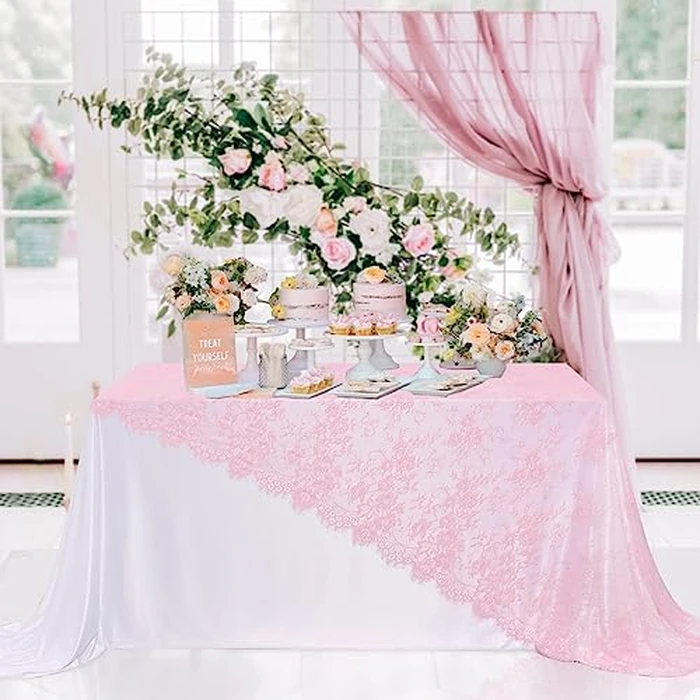 B-COOL Pink Lace Table Cloth Rectangle 60 x 120 Inch 5 Pieces Floral Tablecloth for Wedding Party Baby Shower Birthday Table Decor by B-COOL - Image 2