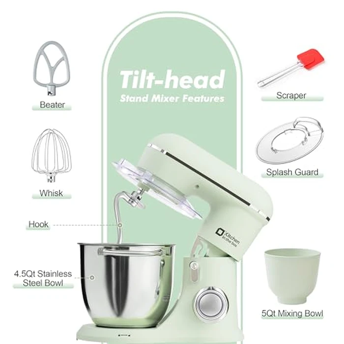 Kitchen in the box Stand Mixer, 4.5QT + 5QT Two Bowls Kitchen Electric Mixer, 10-Speed Matte Food Mixer with Egg Whisk, Dough Hook, Beater for Most Home Cooks (Pastel Green) by Kitchen in the box - Image 2