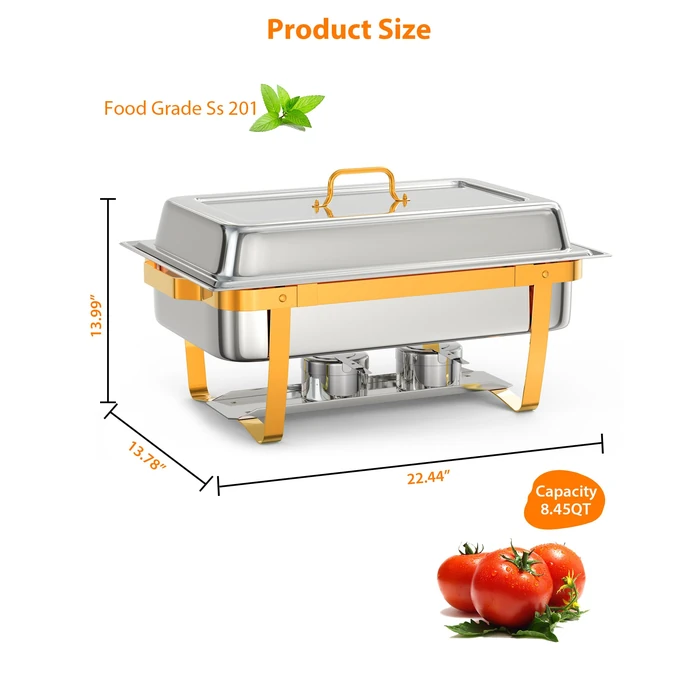 2 Pack Chafing Dish Buffet Set,8QT Rectangle Chafing Dishes for Buffet w/Lid Holder, Stainless Steel Chafer Food Warmers Servers for Kitchen Party Banquet Dining Gold by MilleLoom - Image 3