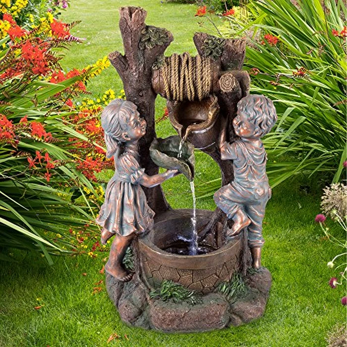 Boy and Girl Outdoor Water Fountain - Cascading Waterfall with Soothing Sounds and 4 LED Lights for Garden or Patio by Pure Garden (Antique Bronze) by Pure Garden - Image 1
