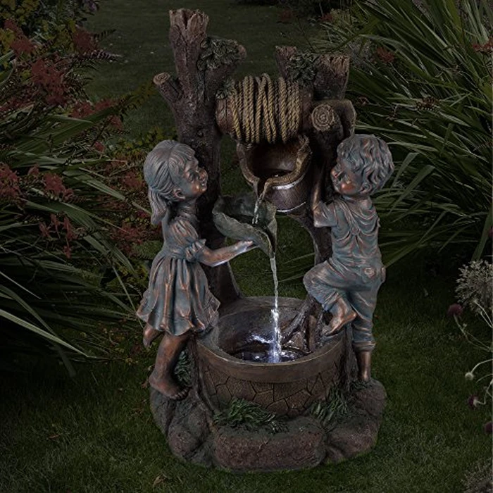 Boy and Girl Outdoor Water Fountain - Cascading Waterfall with Soothing Sounds and 4 LED Lights for Garden or Patio by Pure Garden (Antique Bronze) by Pure Garden - Image 4