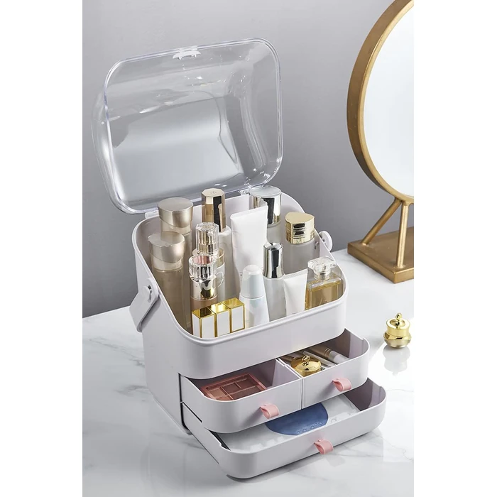 LINFIDITE Makeup Organizer Holder Box with Lid Cosmetic Storage Box Waterproof Dustproof Portable Handle,Fully Open Waterproof Lid,Great for Bathroom Countertop Bedroom Dresser by LINFIDITE - Image 2