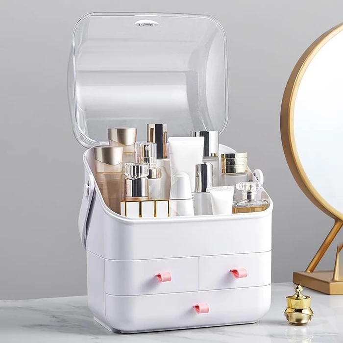 LINFIDITE Makeup Organizer Holder Box with Lid Cosmetic Storage Box Waterproof Dustproof Portable Handle,Fully Open Waterproof Lid,Great for Bathroom Countertop Bedroom Dresser by LINFIDITE - Image 3