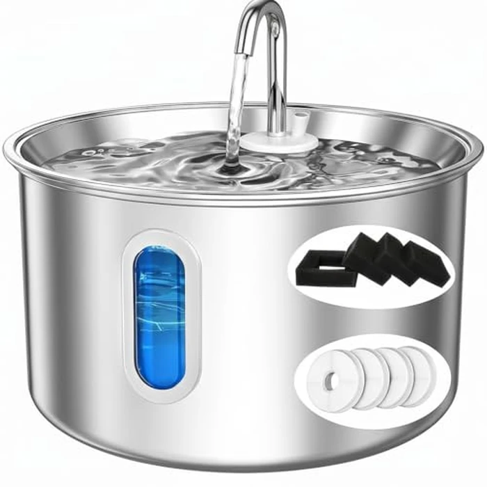 Cat Water Fountain Stainless Steel,3 L/ 101 oz Pet Water Fountain with 5-Stage Circulating Filtration System,Cat Fountain with Quiet Pump for Cats, Dogs (4 Filters + 4 Sponges) by VIVIDORAMA - Used - Like New condition - US$19.82