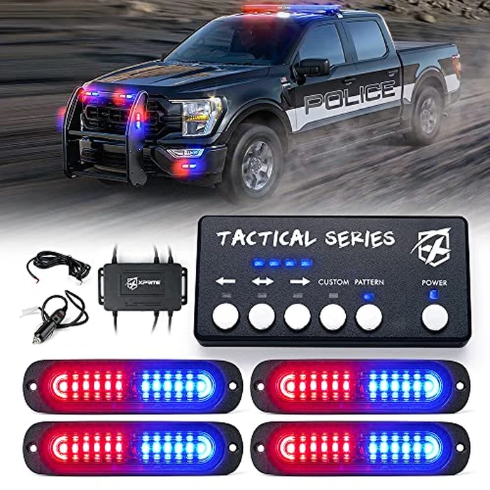 Xprite Red Blue LED Surface Mount Strobe Police Lights Kit, w/Control Panel Emergency Safety Warning Flashing Grille Cop Marker Light Assembly for Vehicles Trucks ATV UTV Motorcycle 4PCS by Xprite - Used - Good condition