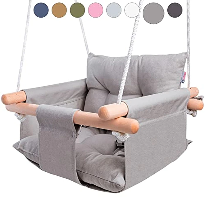 CaTeam - Canvas Baby Swing, Wooden Hanging Swing Seat Chair with Safety Belt, Durable Baby Swing Chair, Outdoor and Indoor Swing for Kids, Mounting Hardware Included, Taupe Gray by Cateam - Used - Like New condition - CA$61.74