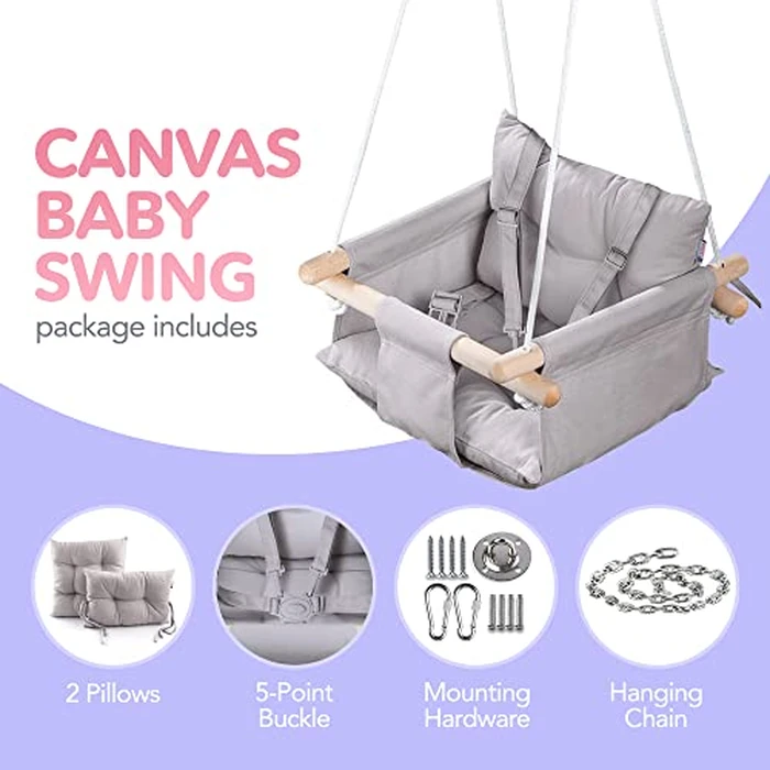 CaTeam - Canvas Baby Swing, Wooden Hanging Swing Seat Chair with Safety Belt, Durable Baby Swing Chair, Outdoor and Indoor Swing for Kids, Mounting Hardware Included, Taupe Gray by Cateam - Image 3