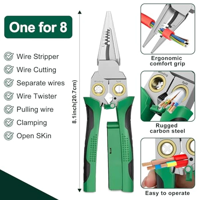 GADO Pro 8-in-1 Wire Stripper/Cutter with Voltage Tester & Dual Alarms - Heavy Duty 12-250V AC/DC Electrical Tester for Hot/Neutral Wires - Electrician, HVAC, Car Repair Tool (Green) by GADO - Image 5