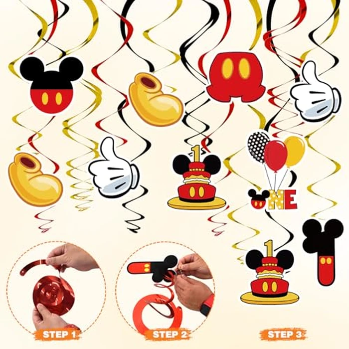 BAOOOFUL Red 1st Birthday Hanging Swirl Decorations, Mouse Birthday Party Ceiling Streamers, Mouse Theme Party Supplies, Party Favors for Boys Kids(38 Pcs) by BAOOOFUL - Image 3