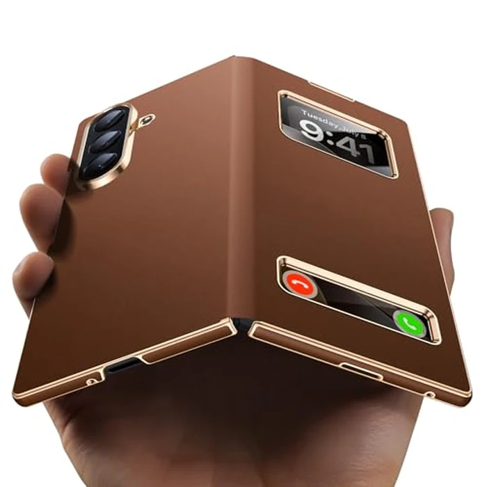 YOOVEI Magnetic for Samsung Galaxy Z Fold 7 Case Luxury Leather See Calls & Time Without Opening [Fit for MagSafe] Phone Cover Zfold 7 Case with Smart Screen View Window Brown by YOOVEI - Image 1