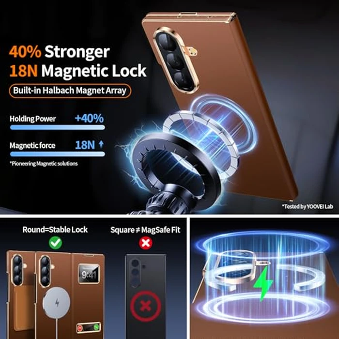 YOOVEI Magnetic for Samsung Galaxy Z Fold 7 Case Luxury Leather See Calls & Time Without Opening [Fit for MagSafe] Phone Cover Zfold 7 Case with Smart Screen View Window Brown by YOOVEI - Image 3