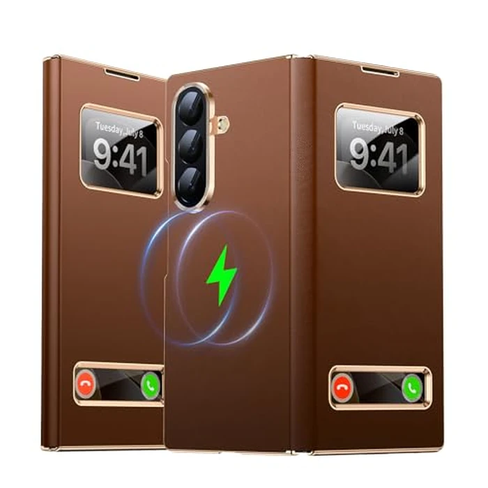 YOOVEI Magnetic for Samsung Galaxy Z Fold 7 Case Luxury Leather See Calls & Time Without Opening [Fit for MagSafe] Phone Cover Zfold 7 Case with Smart Screen View Window Brown by YOOVEI - Image 8