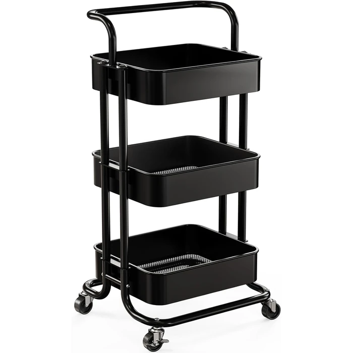 3 Tier Mesh Utility Cart, Rolling Metal Organization Cart with Handle and Lockable Wheels, Multifunctional Storage Shelves for Kitchen Living Room Office by Pipishell, Black by Pipishell - Used - Acceptable condition