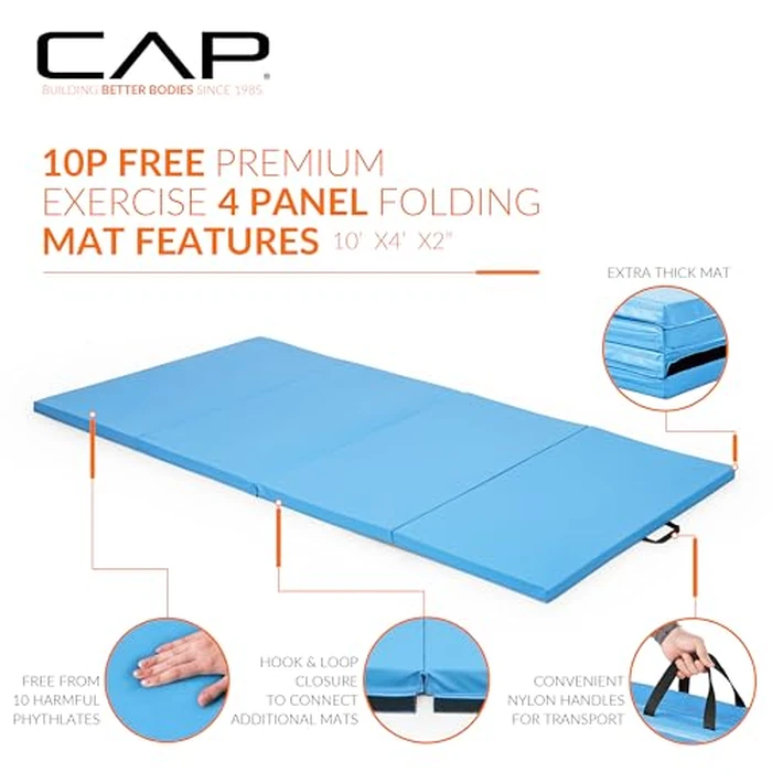 CAP Barbell Folding Exercise Mat - Durable, Anti-Tear, Thick Padding for Fitness, Aerobics, Gymnastics & Home Workouts. 10' x 4' x 2" thick BLUE by CAP Barbell - Image 3