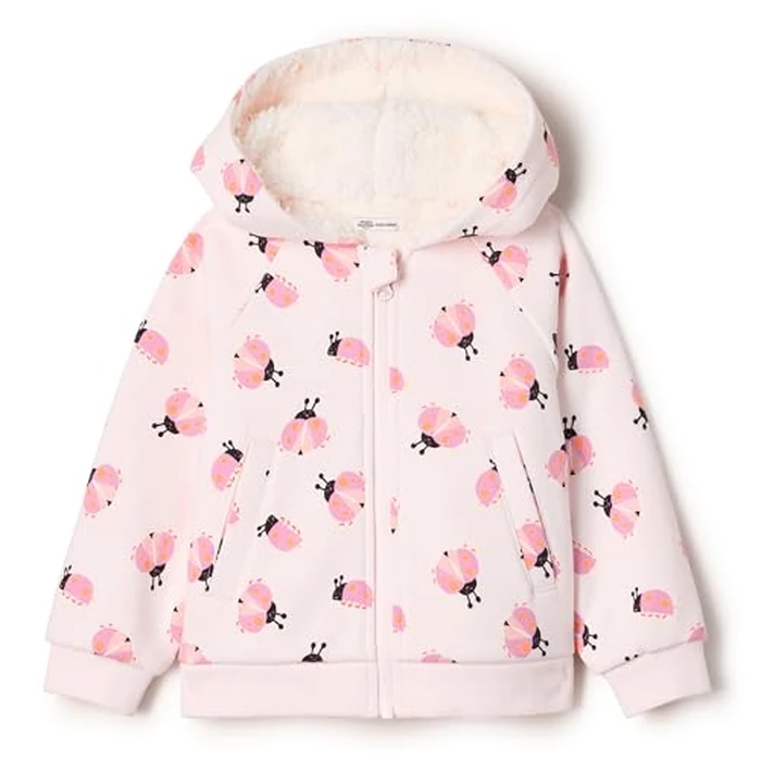 Amazon Essentials Unisex Babies' French Terry Zip Hoodie Sweatshirt, Pale Pink Ladybugs, 12 Months by Amazon Essentials - Used - Like New condition