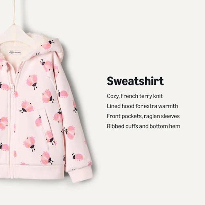 Amazon Essentials Unisex Babies' French Terry Zip Hoodie Sweatshirt, Pale Pink Ladybugs, 12 Months by Amazon Essentials - Image 3