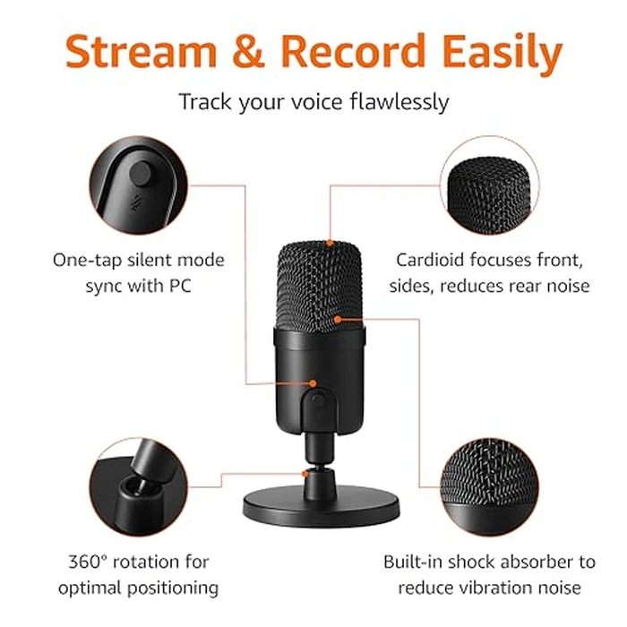 Amazon Basics USB Condenser Microphone for Streaming, Recording, and Podcasting on PC, Plug and Play, Cardioid Pickup, Adjustable Stand with 360 degrees Rotation, Clear Sound, 5.8 x 3.4 inches, Black by Amazon Basics - Image 2