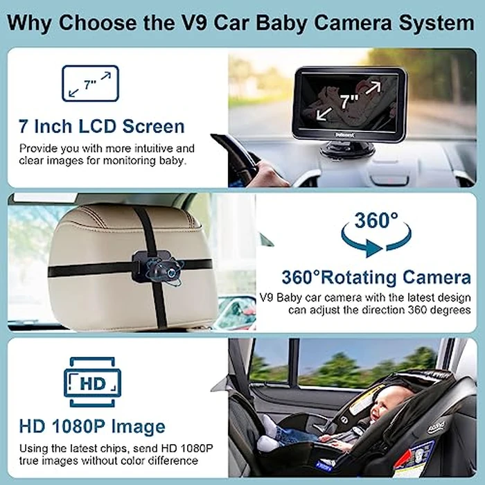 DoHonest Baby Car Camera 7-Inch: USB Plug and Play Easy Setup 360 Degree Rotating Backseat Camera Two Kids HD 1080P Rear Facing Car Seat Cameras Clear Night Vision -V9 by DoHonest - Image 2