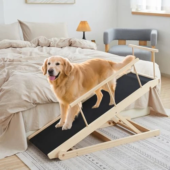 Dog Ramp for Bed and Couch- 5-Height Adjustable Pet Ramp for Small to Large Dogs, Lightweight Portable Dog Ramp for car, Couch & Beds-Great for Pets of All Ages (Wood, 115) by Quewoll - Image 1
