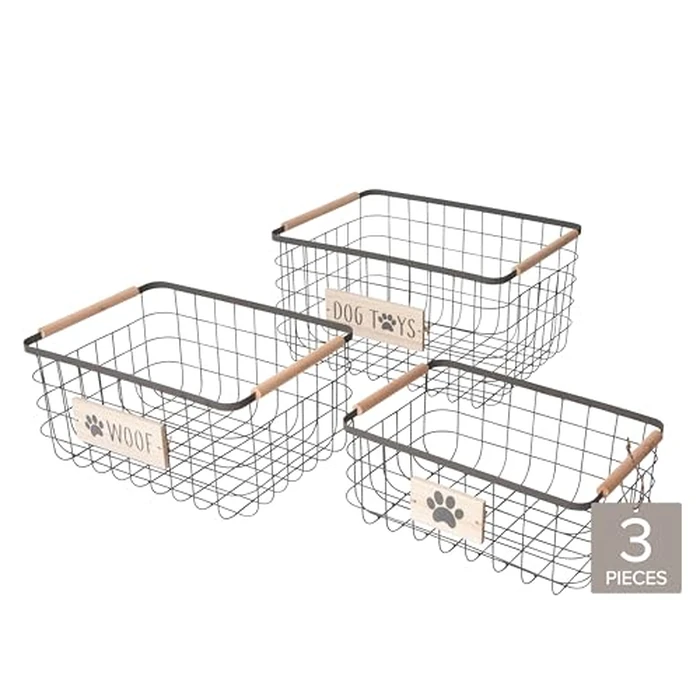 RGI Home Dog Toy Storage Baskets - Set of 3 Rectangular Metal Organizer Bins for Pet and Household Storage, Multi-Sized with Wood Accents, Durable and Rustic, Antique Gray Metal by RGI Home - Image 1