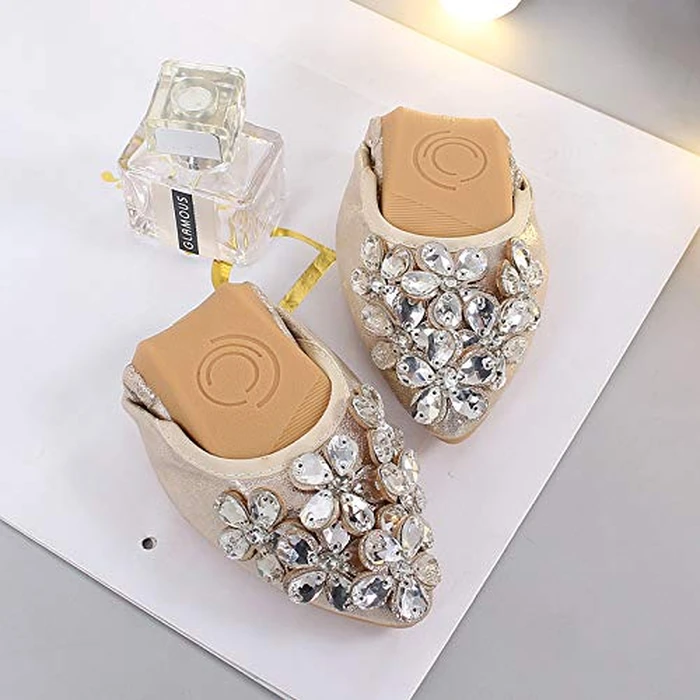 Lauthen.S Women Foldable Ballet Flats, Pointed Toe Wedding Rhinestone Sparkly Slip on Flat Shoes(Gold,9.5 US M) by Lauthen.S - Image 3