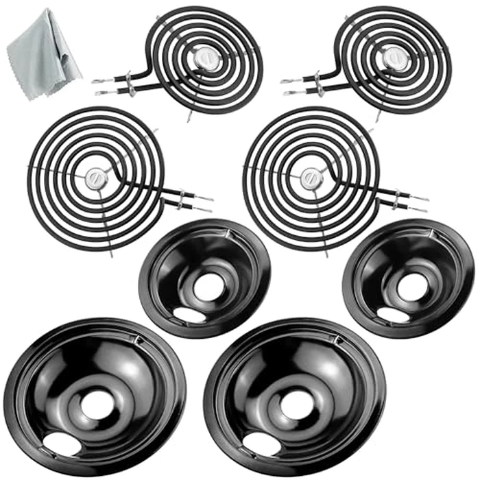 WB31M20 WB31M19 Porcelain Drip Pans and WB30M1 WB30M2 Electric Stove Burners Replacement for G*E Hot*Point Stove Top, Include 4 Pack Black Drip Pans and 4 Pack Electric Stove Element by Fetechmate by Fetechmate - Used - Very Good condition - US$44.00