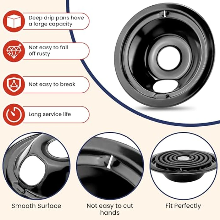 WB31M20 WB31M19 Porcelain Drip Pans and WB30M1 WB30M2 Electric Stove Burners Replacement for G*E Hot*Point Stove Top, Include 4 Pack Black Drip Pans and 4 Pack Electric Stove Element by Fetechmate by Fetechmate - Image 4