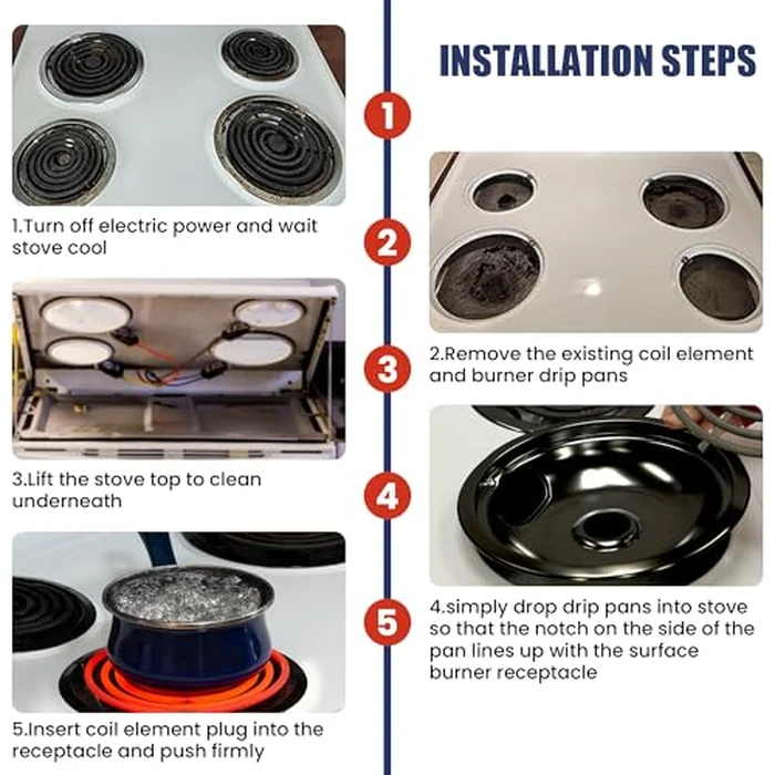 WB31M20 WB31M19 Porcelain Drip Pans and WB30M1 WB30M2 Electric Stove Burners Replacement for G*E Hot*Point Stove Top, Include 4 Pack Black Drip Pans and 4 Pack Electric Stove Element by Fetechmate by Fetechmate - Image 7